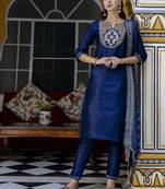 Vredevogel women's cotton silk blend embroidered kurta pant with viscose print dupatta set