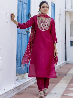 Vredevogel women's cotton silk blend embroidered kurta pant with viscose print dupatta set 1