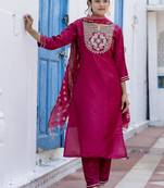 Vredevogel women's cotton silk blend embroidered kurta pant with viscose print dupatta set