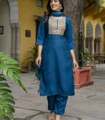 Vredevogel women's embroidered silk blend kurta & pant with viscose print dupatta