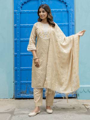 Vredevogel women's chanderi modal butti kurta with trouser pant & embroidered chanderi dupatta set 1