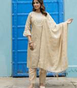 Vredevogel women's chanderi modal butti kurta with trouser pant & embroidered chanderi dupatta set