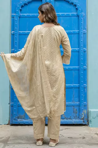 Vredevogel women's chanderi modal butti kurta with trouser pant & embroidered chanderi dupatta set
