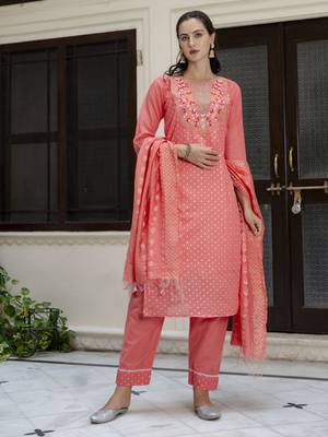 Vredevogel women's chanderi modal butti kurta with trouser pant & embroidered chanderi dupatta set 1