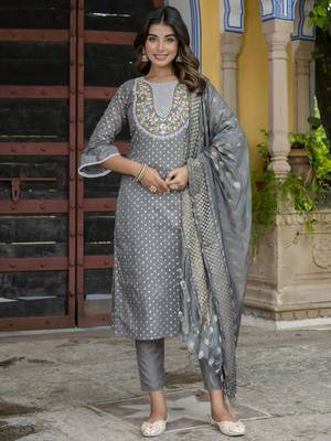 Vredevogel women's chanderi modal butti kurta with trouser pant & embroidered chanderi dupatta set 1