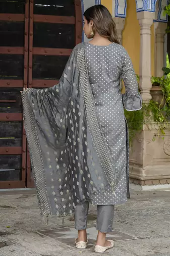 Vredevogel women's chanderi modal butti kurta with trouser pant & embroidered chanderi dupatta set