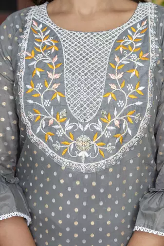 Vredevogel women's chanderi modal butti kurta with trouser pant & embroidered chanderi dupatta set