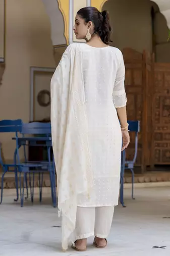 Vredevogel women's chanderi modal butti kurta with trouser pant & embroidered chanderi dupatta set