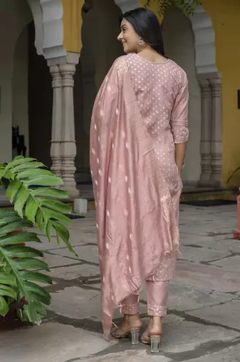 Vredevogel women's chanderi modal butti kurta with trouser pant & embroidered chanderi dupatta set