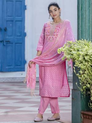 Vredevogel women's chanderi modal butti kurta with trouser pant & embroidered chanderi dupatta set 1