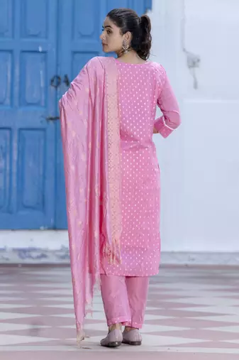 Vredevogel women's chanderi modal butti kurta with trouser pant & embroidered chanderi dupatta set