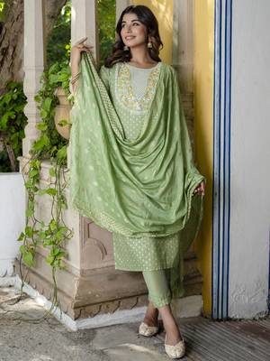Vredevogel women's chanderi modal butti kurta with trouser pant & embroidered chanderi dupatta set 1
