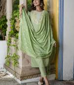 Vredevogel women's chanderi modal butti kurta with trouser pant & embroidered chanderi dupatta set