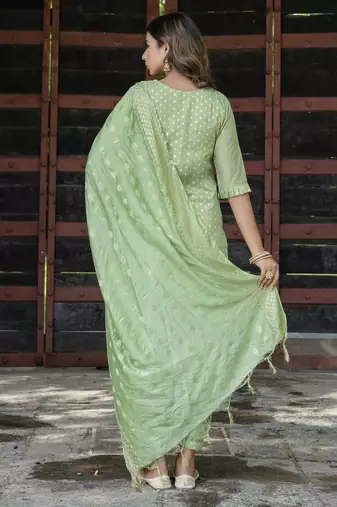 Vredevogel women's chanderi modal butti kurta with trouser pant & embroidered chanderi dupatta set