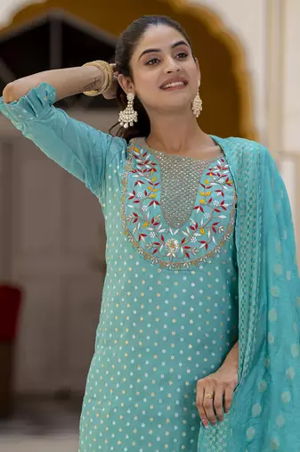 Vredevogel women's chanderi modal butti kurta with trouser pant & embroidered chanderi dupatta set