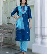 Vredevogel women's cotton blend embroidered kurta with pant & nazneen dupatta set