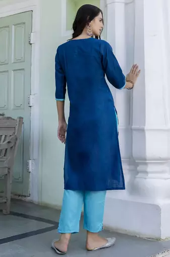 Vredevogel women's cotton blend embroidered kurta with pant & nazneen dupatta set