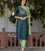 Vredevogel women's cotton blend embroidered kurta with pant & nazneen dupatta set