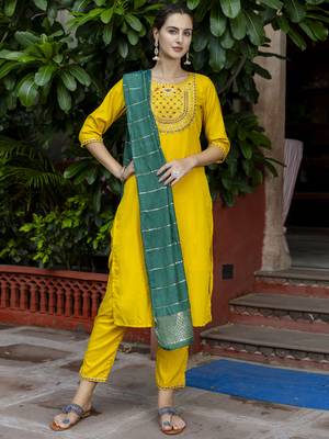 Vredevogel women's silk blend embroidered kurta with trouser pant & viscose print dupatta set 1