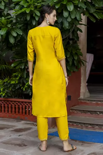 Vredevogel women's silk blend embroidered kurta with trouser pant & viscose print dupatta set