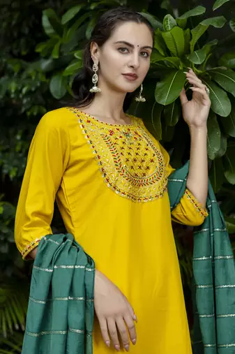Vredevogel women's silk blend embroidered kurta with trouser pant & viscose print dupatta set