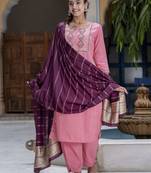 Vredevogel women's cotton silk blend embroidered kurta with trouser pant & viscose print dupatta