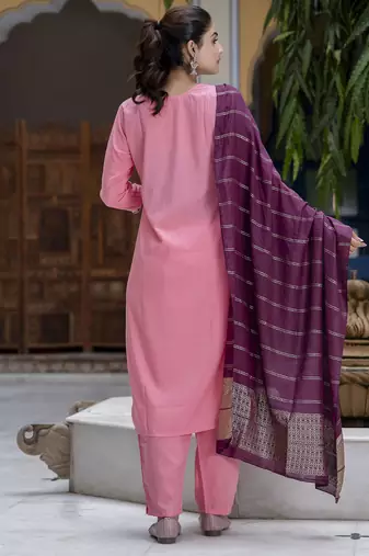 Vredevogel women's cotton silk blend embroidered kurta with trouser pant & viscose print dupatta