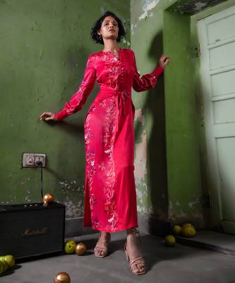 Ruby pink satin long dress 1