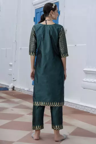 Vredevogel women's cotton silk jacquard kurta pant set with banarasi silk dupatta