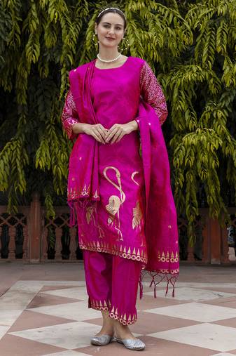  women's cotton silk jacquard kurta pant set with banarasi silk dupatta
