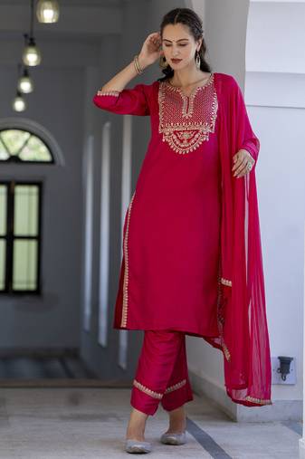  women's silk blend embroidered kurta with trouser pant & dupatta set