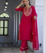 Vredevogel women's silk blend embroidered kurta with trouser pant & dupatta set