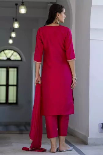 Vredevogel women's silk blend embroidered kurta with trouser pant & dupatta set