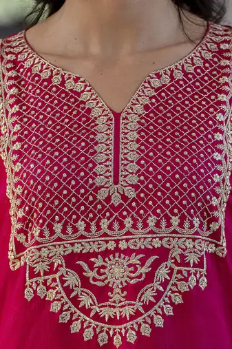 Vredevogel women's silk blend embroidered kurta with trouser pant & dupatta set