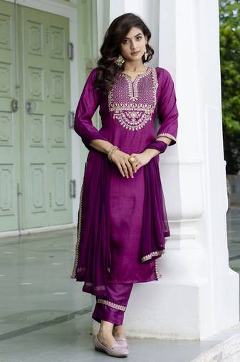  women's silk blend embroidered kurta with trouser pant & dupatta set
