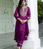 Vredevogel women's silk blend embroidered kurta with trouser pant & dupatta set