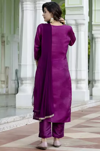 Vredevogel women's silk blend embroidered kurta with trouser pant & dupatta set