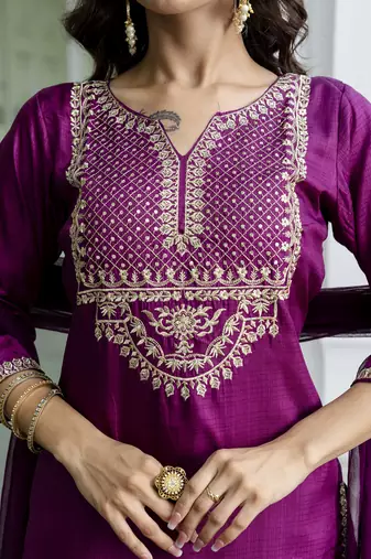 Vredevogel women's silk blend embroidered kurta with trouser pant & dupatta set
