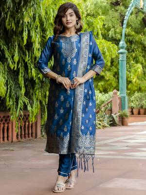 Vredevogel women's cotton silk jacquard kurta pant set with banarasi silk dupatta 1