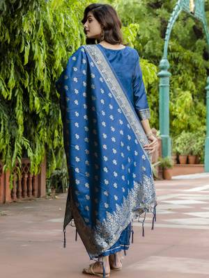 Vredevogel women's cotton silk jacquard kurta pant set with banarasi silk dupatta 2