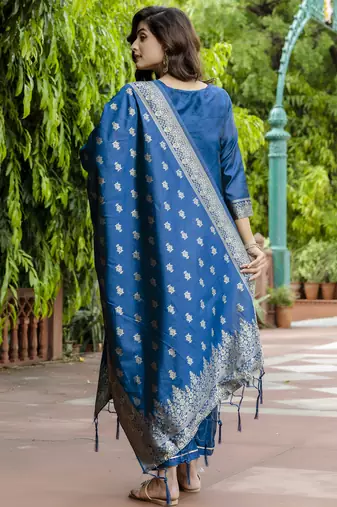 Vredevogel women's cotton silk jacquard kurta pant set with banarasi silk dupatta