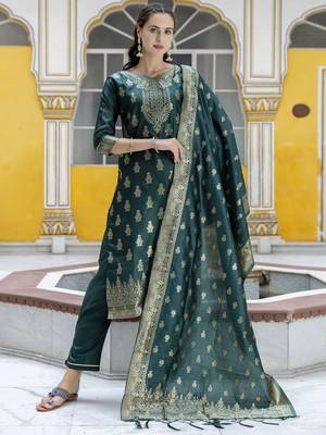 Vredevogel women's cotton silk jacquard kurta pant set with banarasi silk dupatta 1