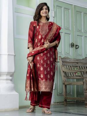 Vredevogel women's cotton silk jacquard kurta pant set with banarasi silk dupatta 1