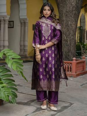 Vredevogel women's cotton silk jacquard kurta pant set with banarasi silk dupatta 1