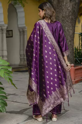 Vredevogel women's cotton silk jacquard kurta pant set with banarasi silk dupatta