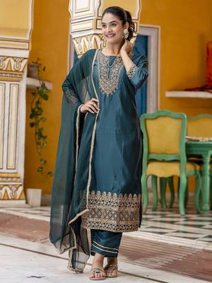 Vredevogel women's silk blend embroidered kurta with pant & nazneen dupatta set 1