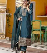 Vredevogel women's silk blend embroidered kurta with pant & nazneen dupatta set