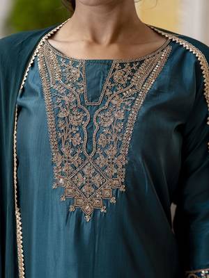Vredevogel women's silk blend embroidered kurta with pant & nazneen dupatta set 3
