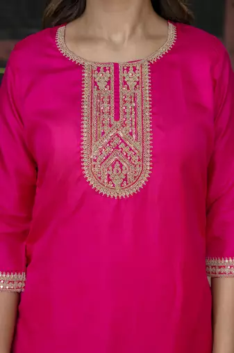 Vredevogel women's silk blend embroidered kurta with pant & nazneen dupatta set