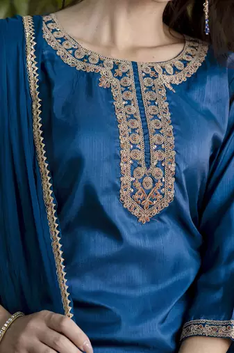 Vredevogel women's silk blend embroidered kurta with pant & nazneen dupatta set